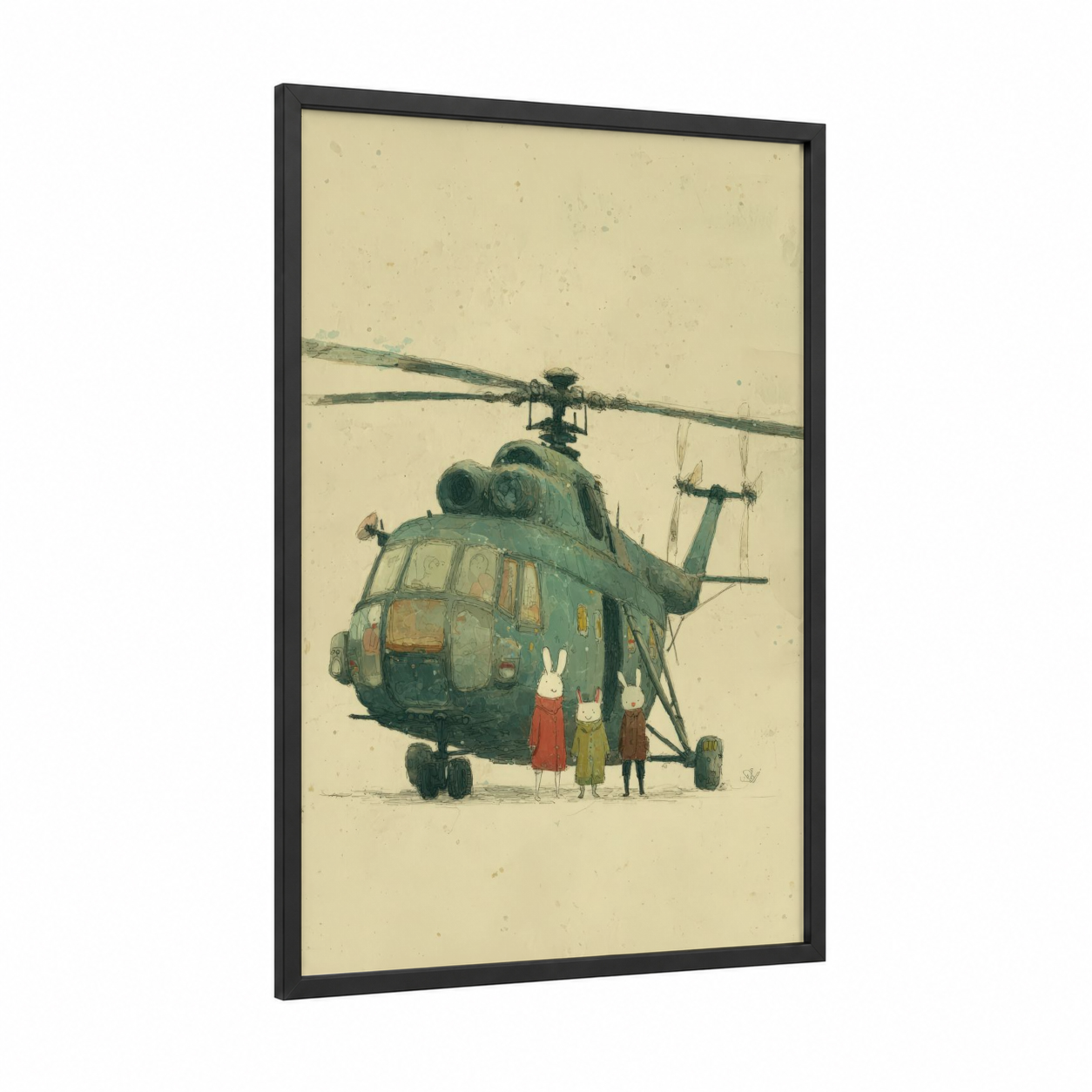 Whimsical Helicopter Adventure framed art print — black wood frame — sage green and cream palette
