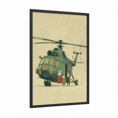 Whimsical Helicopter Adventure framed art print — black wood frame — sage green and cream palette
