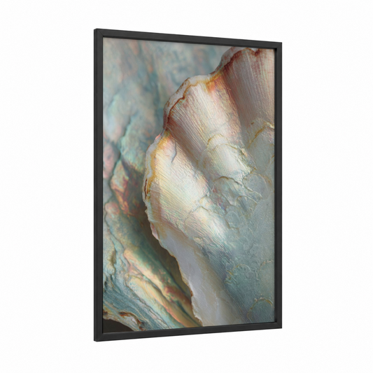 Pearlescent Oyster framed art print — black wood frame — white and gold palette