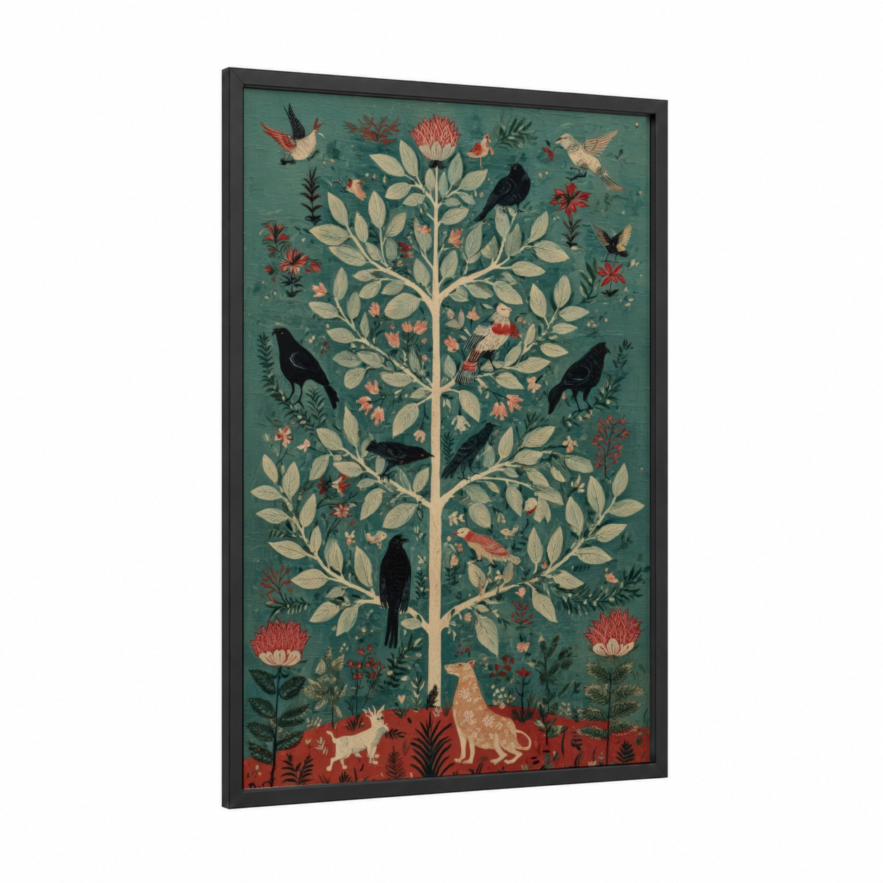 Woodland Cedar framed cedar tree print — black wood frame — teal palette