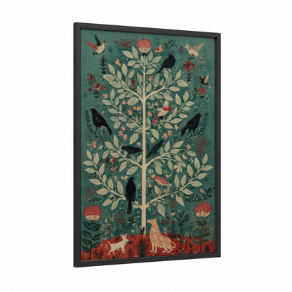 Woodland Cedar framed cedar tree print — black wood frame — teal palette