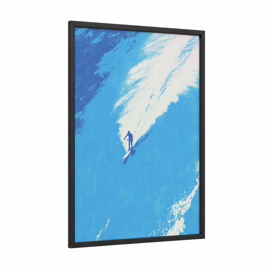 Azure Wave Rider framed water skiing print — black wood frame — blue and white palette