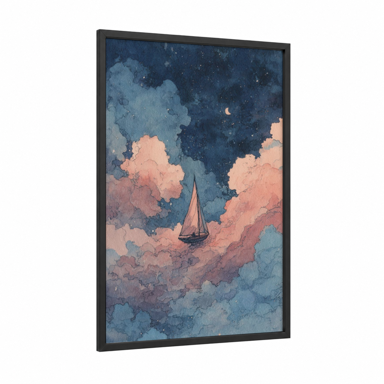 Dreamy Sailing Ship framed art print — black wood frame — blue and salmon pink palette