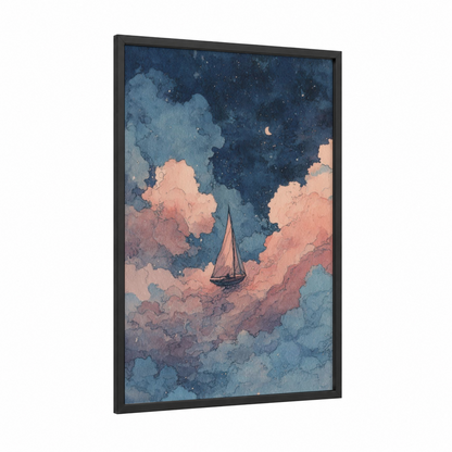 Dreamy Sailing Ship framed art print — black wood frame — blue and salmon pink palette