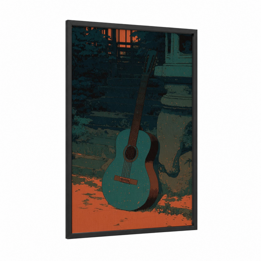 Turquoise Guitar Rust framed acoustic guitar print — black wood frame — teal and pumpkin palette