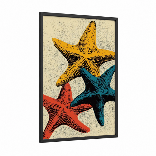 Colorful Starfish Trio framed art print — black wood frame — gold and teal palette