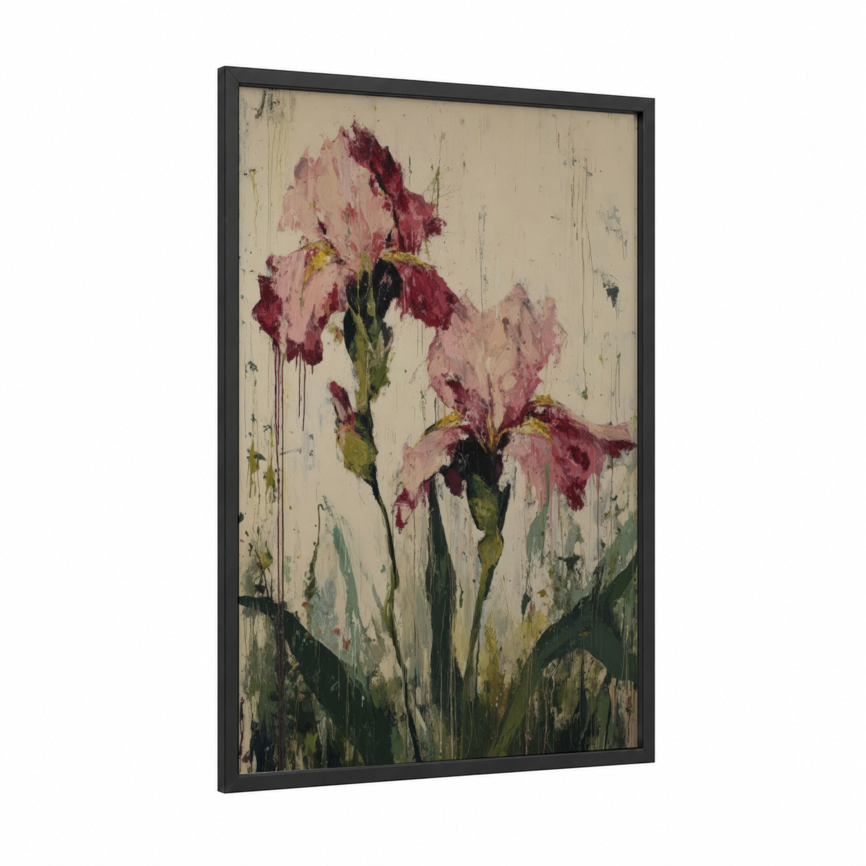 Weathered Iris Blooms framed art print — black wood frame — cream palette