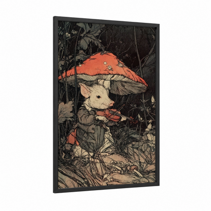 Mushroom Violinist framed pig print — black wood frame — red and black and white palette