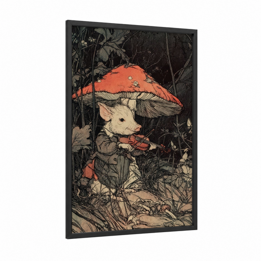 Mushroom Violinist framed pig print — black wood frame — red and black and white palette