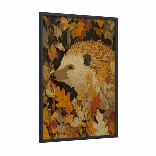 Autumn Hedgehog framed art print — black wood frame — gold and russet palette