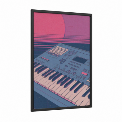 Synthwave Keyboard framed art print — black wood frame — magenta and dark blue palette