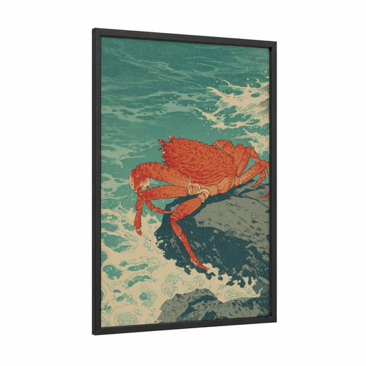 Scarlet Crab Shore framed seafood print — black wood frame — teal and red palette