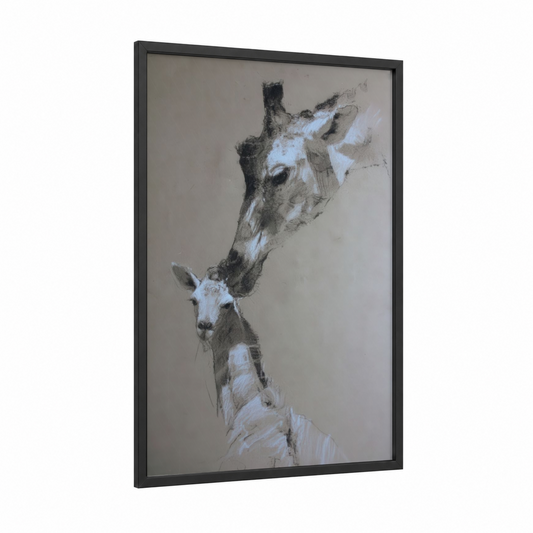 Tender Giraffe framed art print — black wood frame — gray and white palette