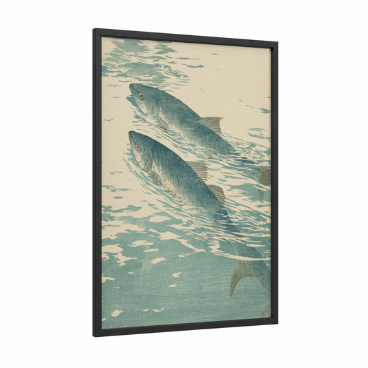Swimming Salmon Pair framed seafood print — black wood frame — teal and cream palette