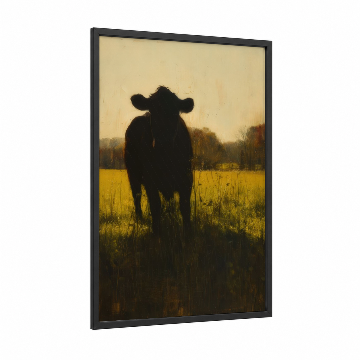 Golden Field Hereford framed hereford cow print — black wood frame — gold and black palette