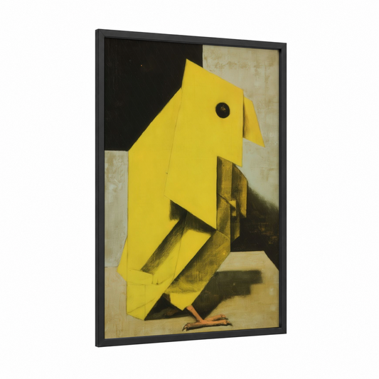 Yellow Geometric Canary framed canaries print — black wood frame — yellow and beige palette