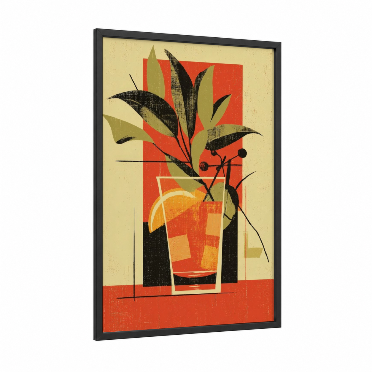 Retro Cocktail framed art print — black wood frame — red and mustard palette