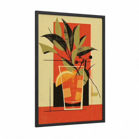 Retro Cocktail framed art print — black wood frame — red and mustard palette