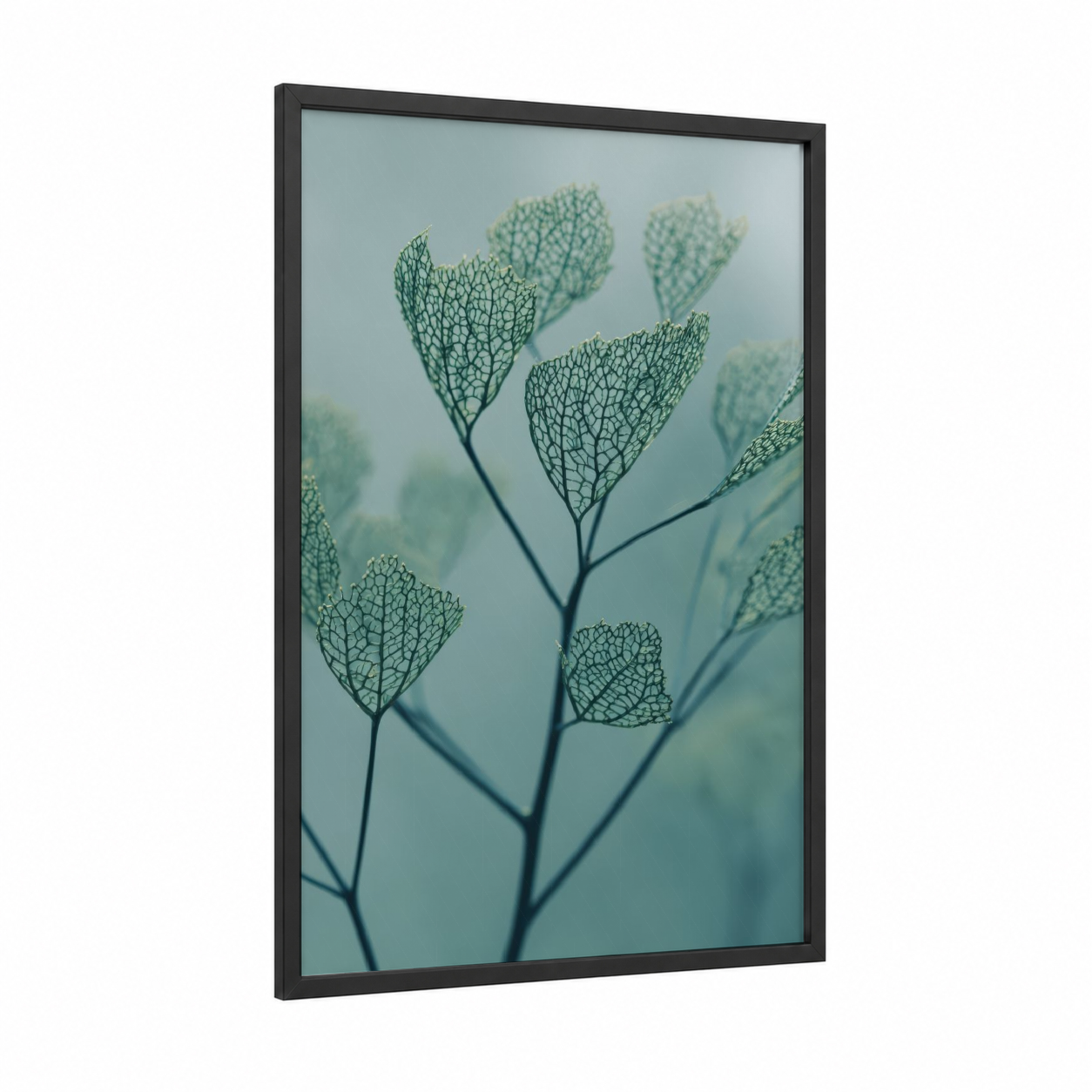 Delicate Seed Pods framed herbs print — black wood frame — teal and sage green palette