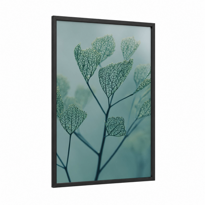 Delicate Seed Pods framed herbs print — black wood frame — teal and sage green palette
