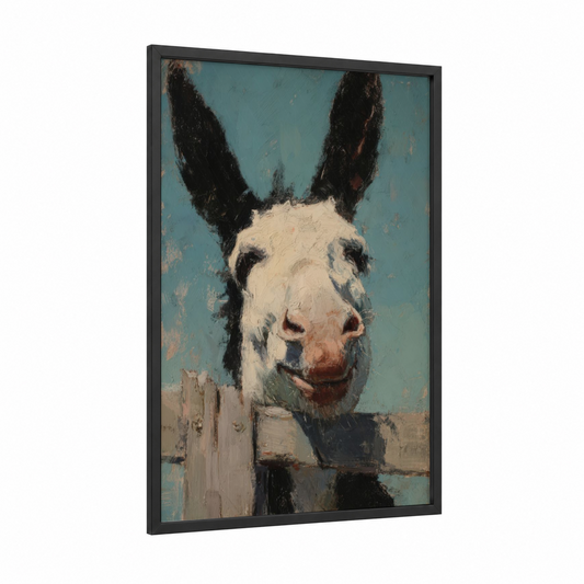 Curious Mule framed art print — black wood frame — teal and cream palette