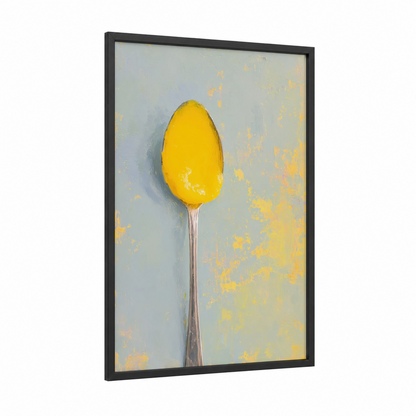 Golden Spoon framed condiments print — black wood frame — yellow gold and gray palette