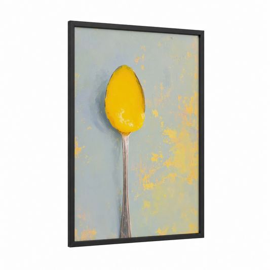 Golden Spoon framed condiments print — black wood frame — yellow gold and gray palette