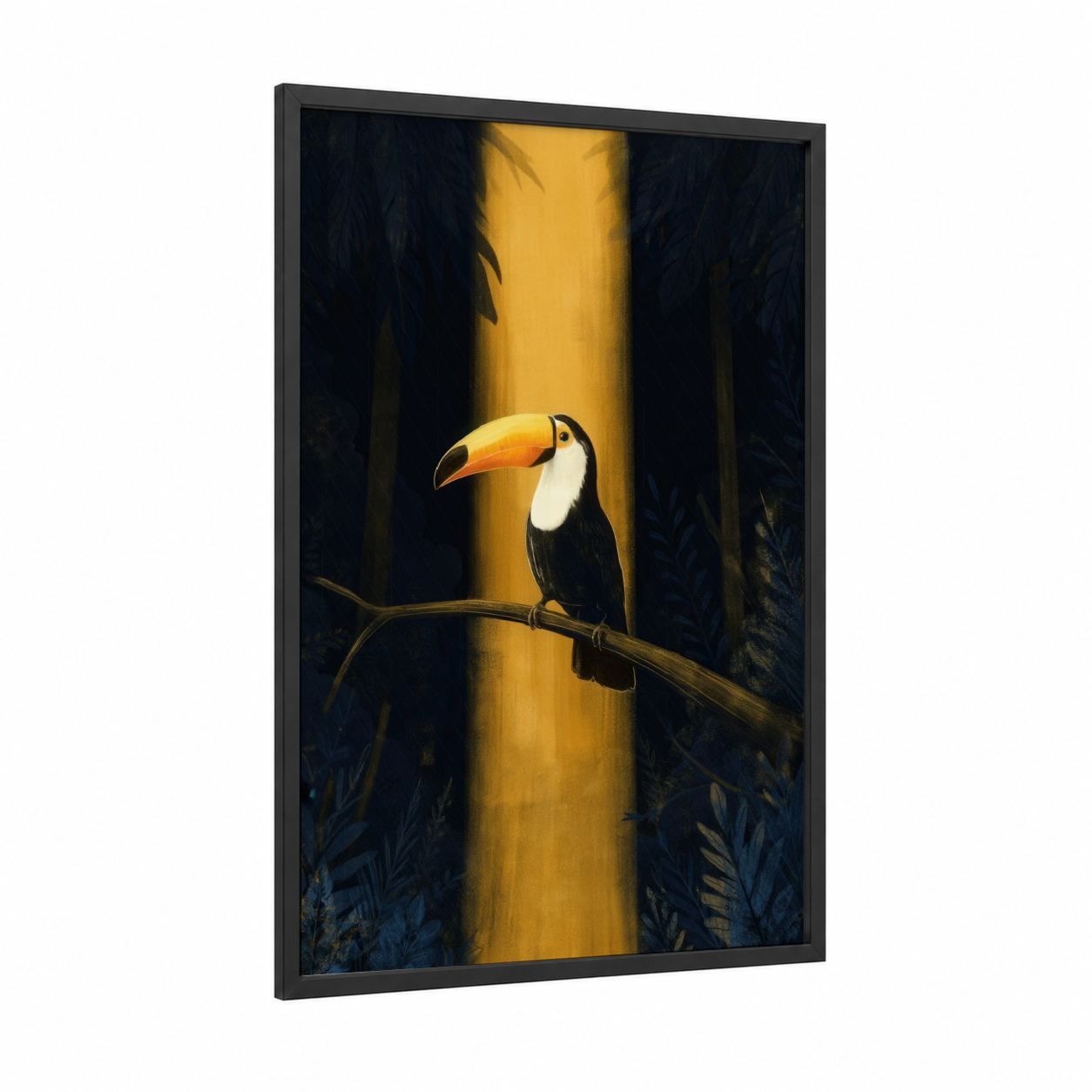 Golden Light Toucan framed art print — black wood frame — yellow gold and black and white palette