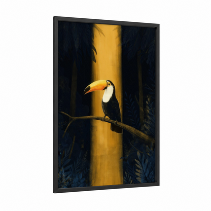 Golden Light Toucan framed art print — black wood frame — yellow gold and black and white palette