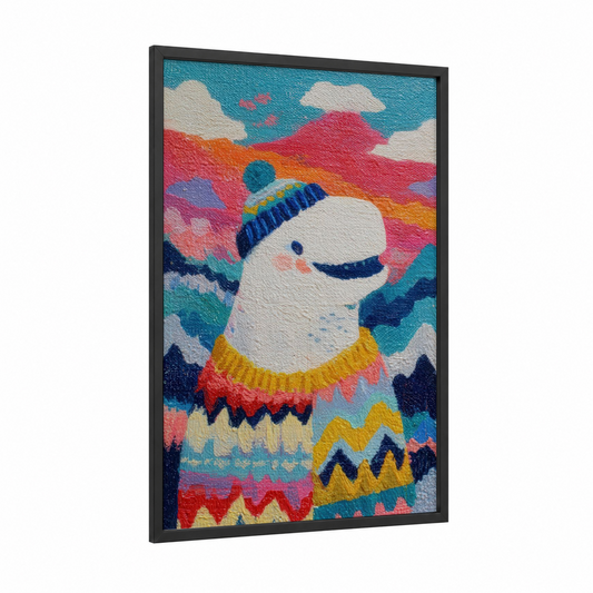 Colorful Beluga Whale framed art print — black wood frame — turquoise and gold palette