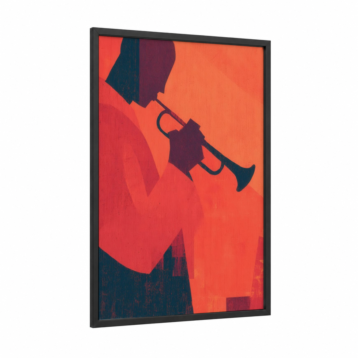 Crimson Musician framed trumpet print — black wood frame — red and orange palette