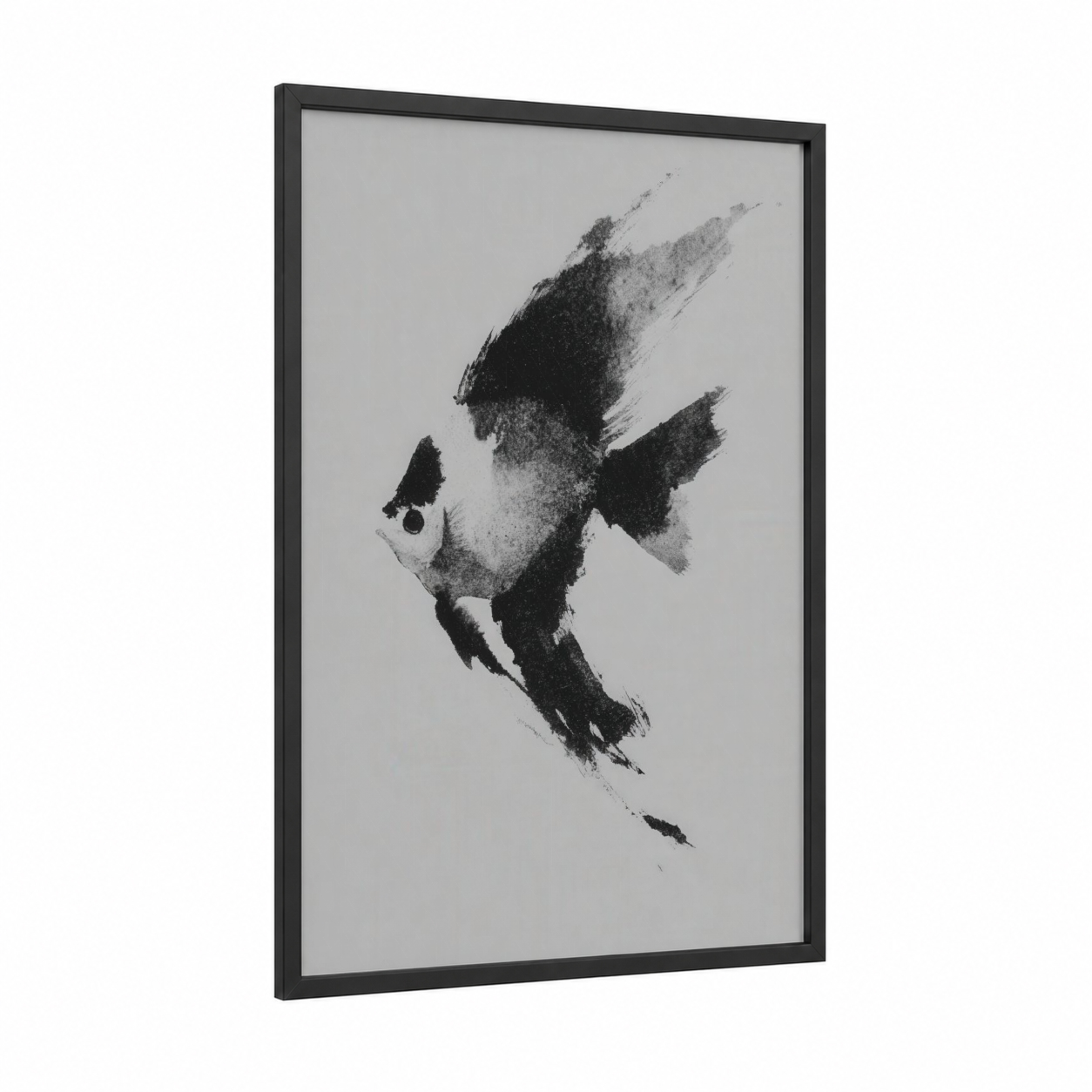 Monochrome Discus Fish framed art print — black wood frame — black and white and gray palette