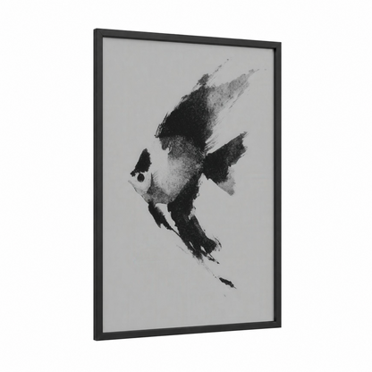 Monochrome Discus Fish framed art print — black wood frame — black and white and gray palette