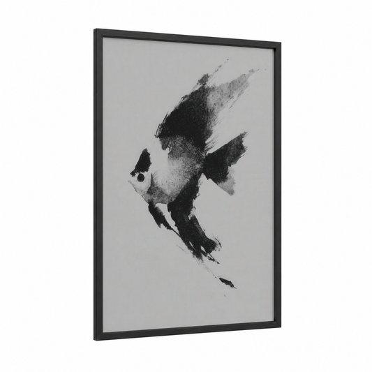 Monochrome Discus Fish framed art print — black wood frame — black and white and gray palette