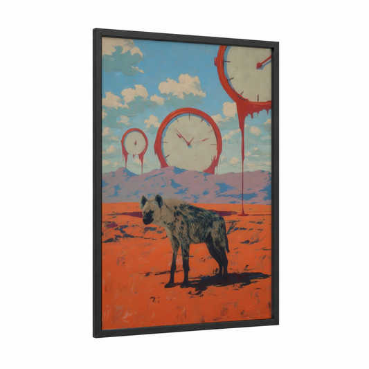 Desert Hyena framed art print — black wood frame — orange and blue palette