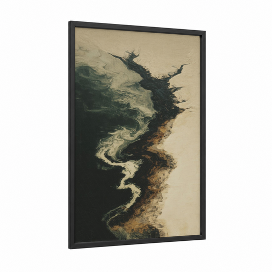 Windswept Coastline framed sandy beach print — black wood frame — cream and dark green palette