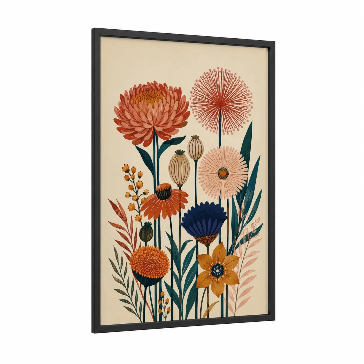 Botanical Garden Blooms Wall Art framed flower print — black wood frame — peach and cream palette