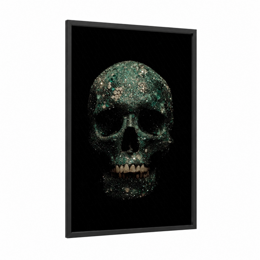 Emerald Skull framed art print — black wood frame — teal and black and gold palette