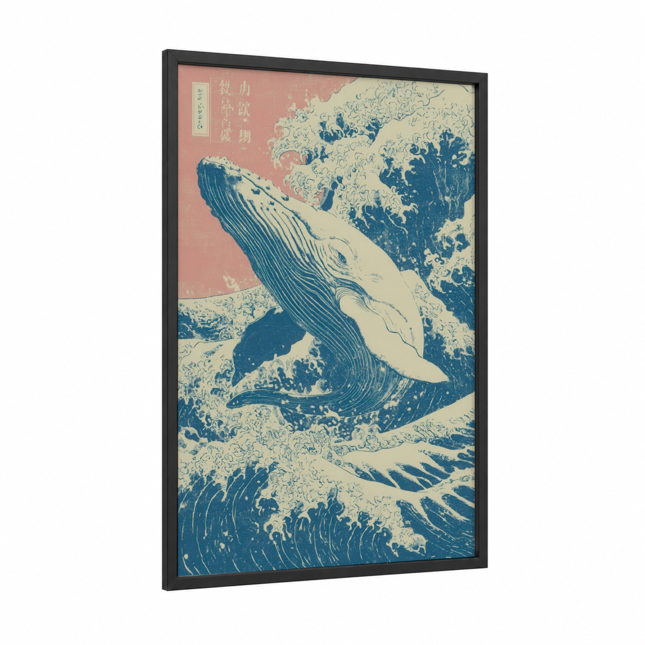 Great Wave Whale framed sperm whale print — black wood frame — blue and cream palette