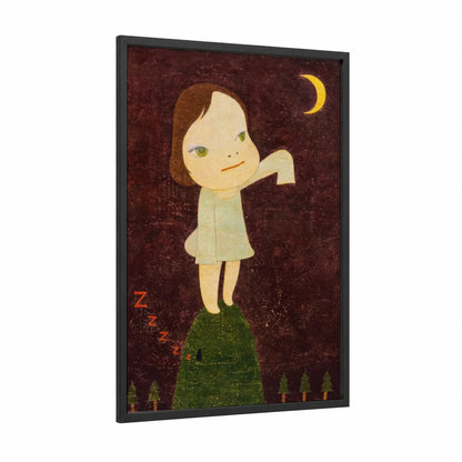 Moonlit Girl Night Sky Wall Art framed art print — black wood frame — maroon and cream palette