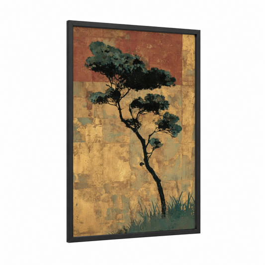 Windswept Juniper framed juniper tree print — black wood frame — gold and teal palette