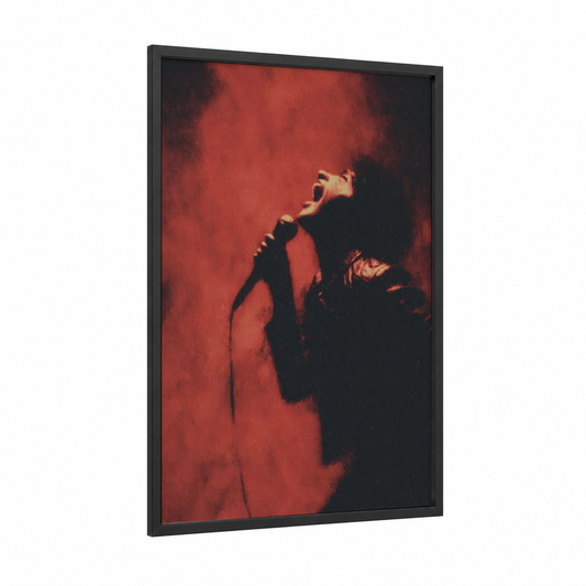 Passionate Rock Performer framed rock'n roll print — black wood frame — red and black palette