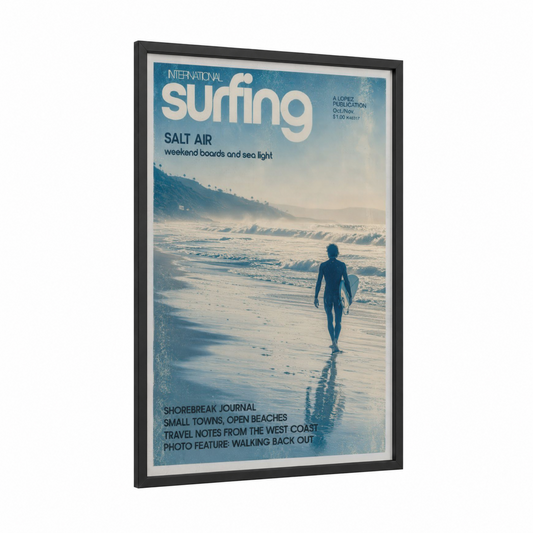 Vintage Surfing Magazine Wall Art framed art print — black wood frame — blue and beige palette