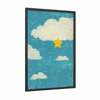 Dreamy Star Cloud framed art print — black wood frame — blue and yellow gold palette