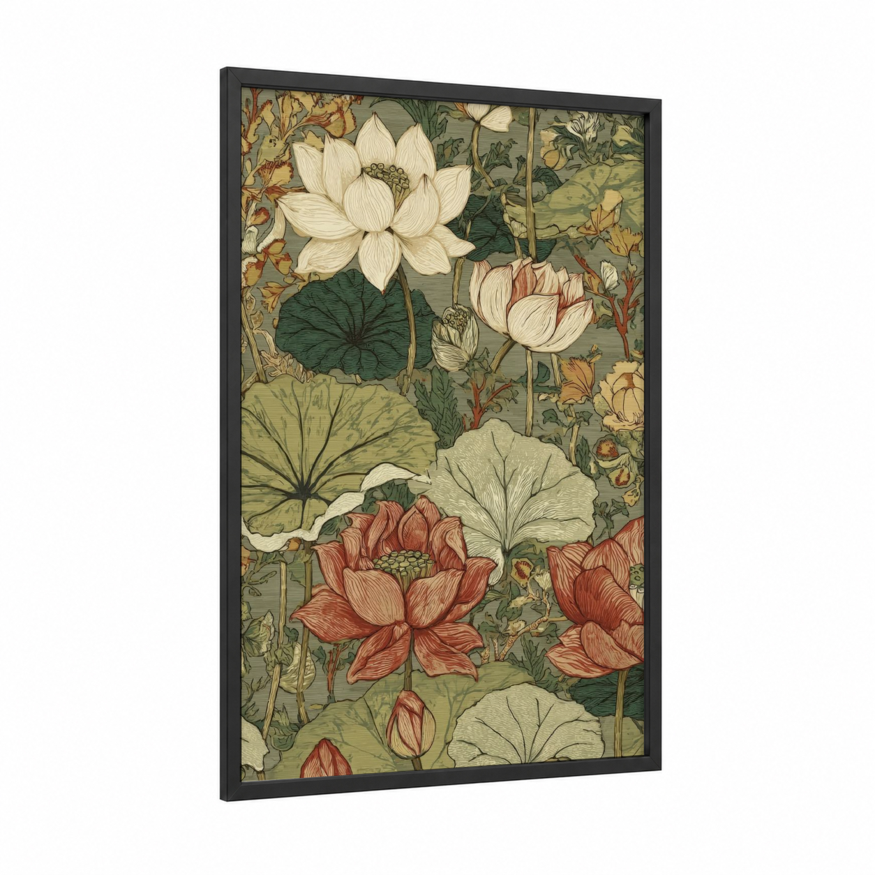 Graceful Lotus Garden framed art print — black wood frame — cream and sage green palette
