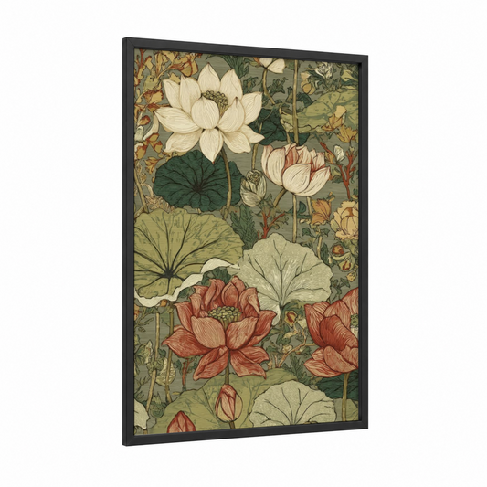 Graceful Lotus Garden framed art print — black wood frame — cream and sage green palette