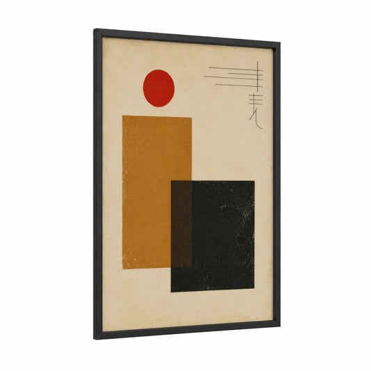 Japanese Geometric Composition Wall Art framed abstract geometric print — black wood frame — red and gold palette