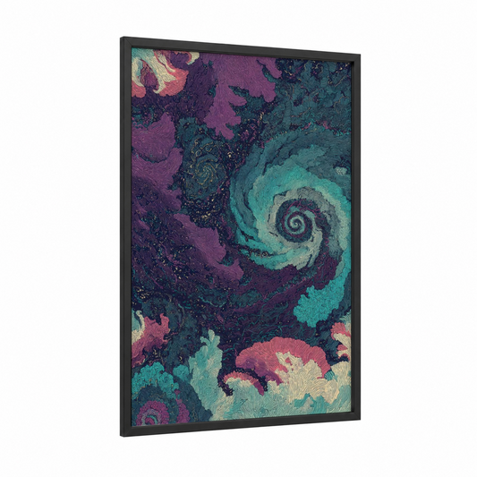 Cosmic Swirl framed night sky print — black wood frame — purple and teal palette