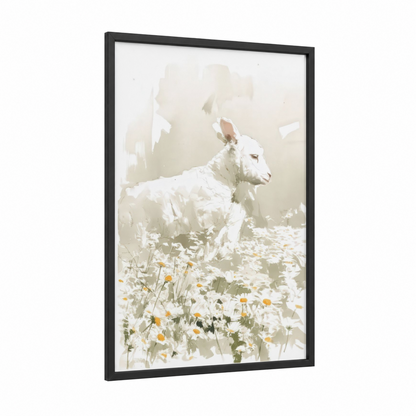 Pastoral Sheep framed art print — black wood frame — cream and gold palette