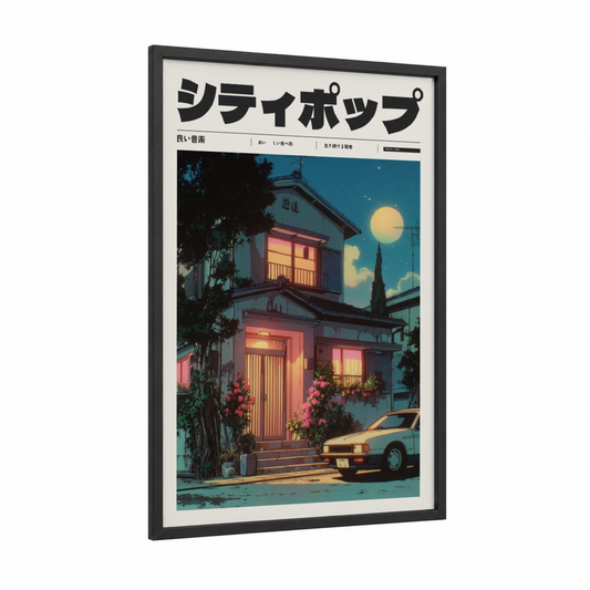 Neon House Vibes framed anime and manga print — black wood frame — dark blue and magenta palette